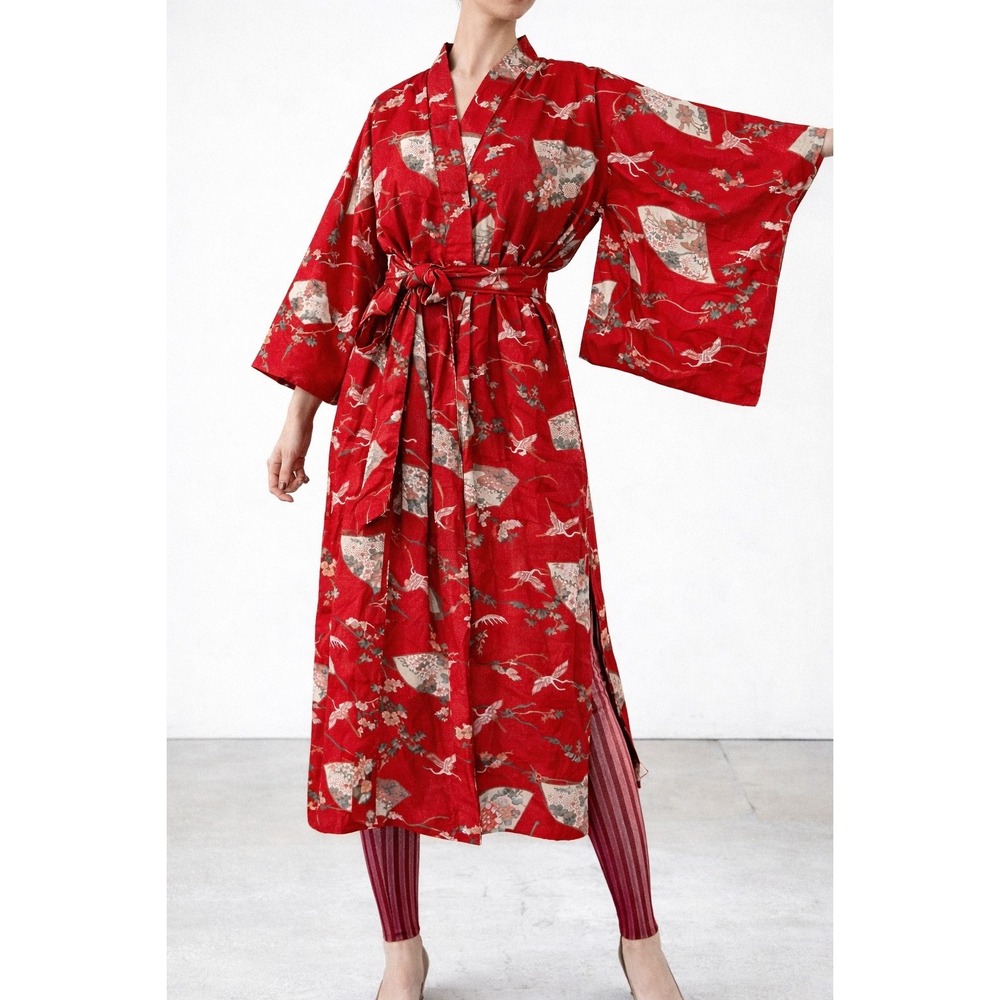 NWOT‎ Ichiban Red Crane Fan Print Kimono Robe Made in Japan Size 56 XL